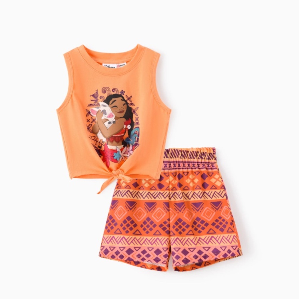 Disney Princess Girl 2pcs Cotton Moana Floral Print Knotted Sleeve Top And Short